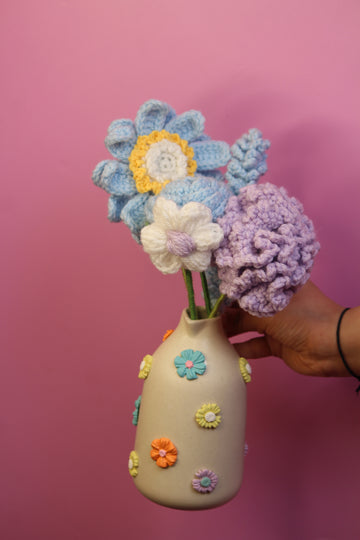 Perfect Blue Hue Crochet Flowers with Ceramic Vase