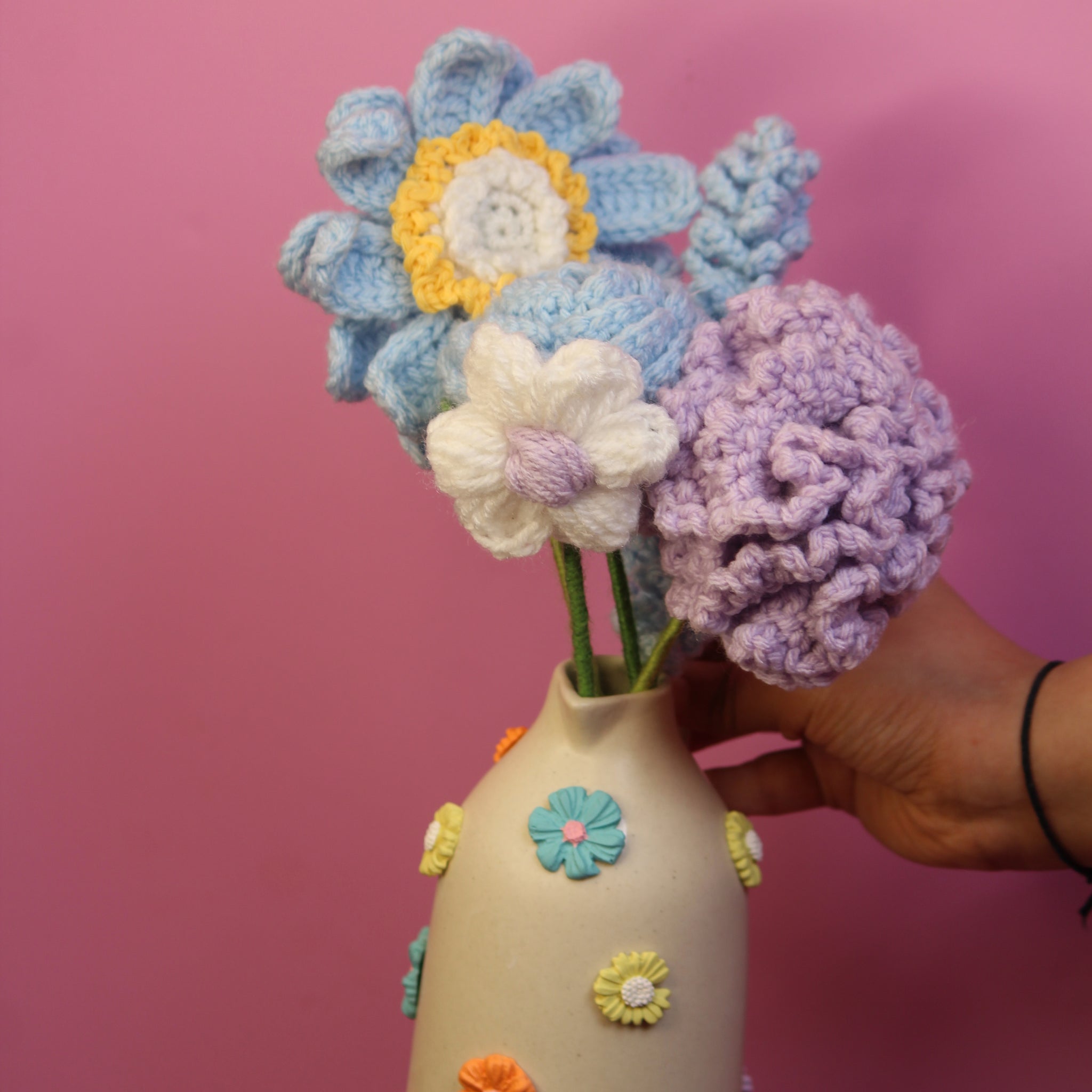 Perfect Blue Hue Crochet Flowers with Ceramic Vase